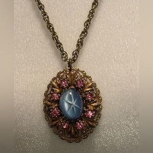 Vintage Star Glass Pendant Necklace Blue Cabochon Pink Rhinestones